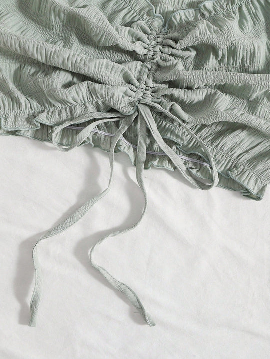 WYWH Camisa de manga corta con cordon y mangas abullonadas de diseno plisado suelto para mujer de moda