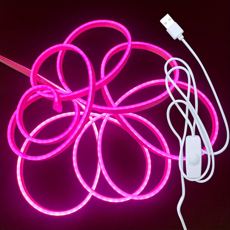 Tira de luz LED de neón rosa de 5V de 1m-5m/3,28ft-16,4ft con control de botón de 3 modos, alimentado por USB Luces de cuerda de PVC flexibles para oficina, dormitorio, habitación, salón, decoración de fiesta de juegos, DIY, perfecto para regalos de Navi
