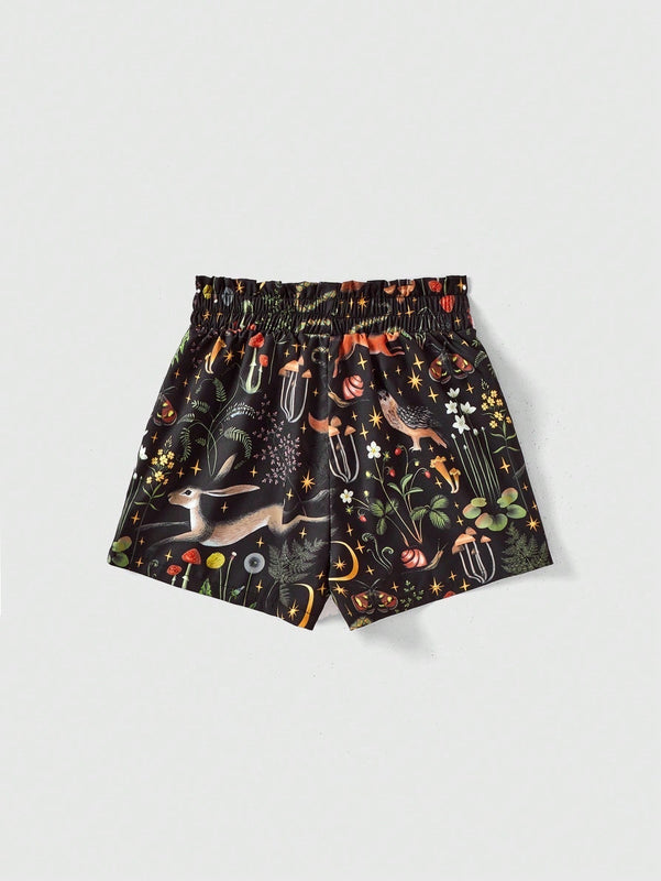 ROMWE Goth Shorts holgados con estampado completo de serpiente y planta para vacaciones en la playa con estilo gotico