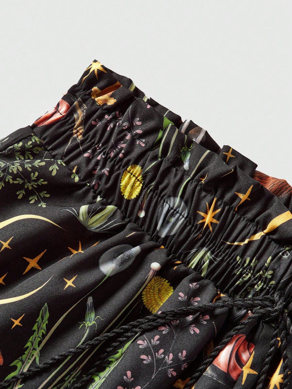 ROMWE Goth Shorts holgados con estampado completo de serpiente y planta para vacaciones en la playa con estilo gotico