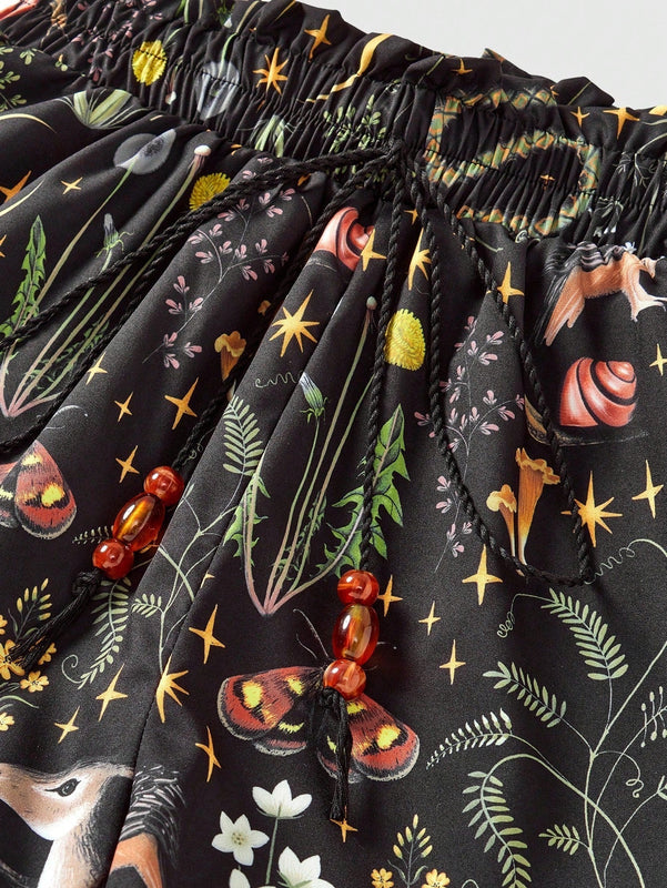 ROMWE Goth Shorts holgados con estampado completo de serpiente y planta para vacaciones en la playa con estilo gotico