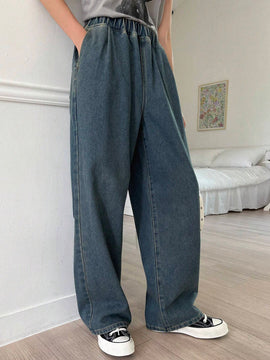 DAZY Pantalones de mezclilla casuales para mujer con pierna ancha suelta y cintura elastica