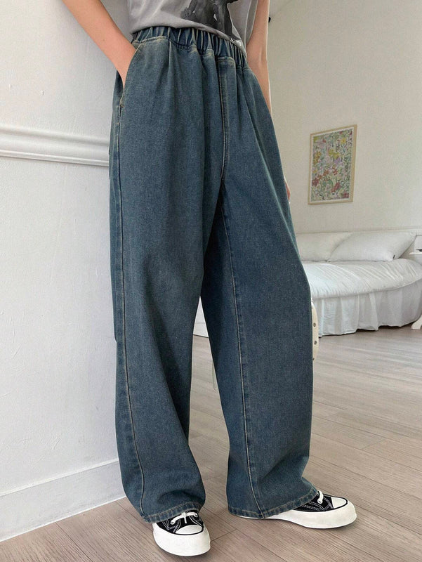 DAZY Pantalones de mezclilla casuales para mujer con pierna ancha suelta y cintura elastica