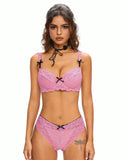 ROMWE Conjunto de lenceria femenina con detalles de encaje en forma de lazo y decoracion de aros