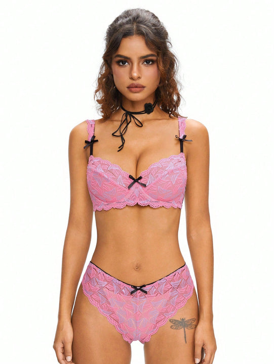 ROMWE Conjunto de lenceria femenina con detalles de encaje en forma de lazo y decoracion de aros