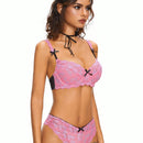 ROMWE Conjunto de lenceria femenina con detalles de encaje en forma de lazo y decoracion de aros
