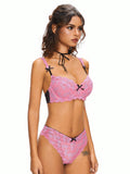 ROMWE Conjunto de lenceria femenina con detalles de encaje en forma de lazo y decoracion de aros