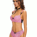 ROMWE Conjunto de lenceria femenina con detalles de encaje en forma de lazo y decoracion de aros