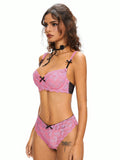 ROMWE Conjunto de lenceria femenina con detalles de encaje en forma de lazo y decoracion de aros
