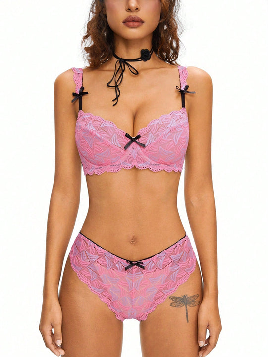 ROMWE Conjunto de lenceria femenina con detalles de encaje en forma de lazo y decoracion de aros