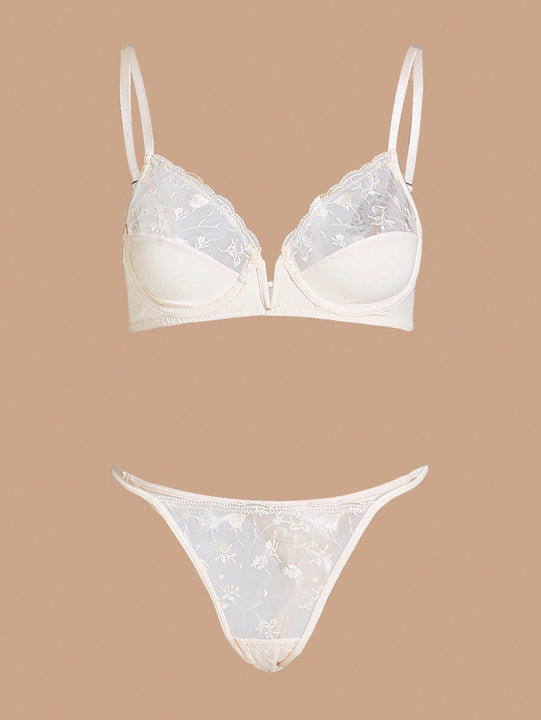 Charlaine Set De Lenceria De Malla Bordada Con Diseno De Parches De Plantas Para Mujer