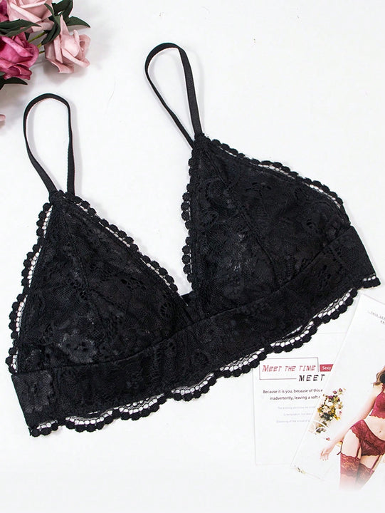 Sosten sexy y comodo de copa triangular de encaje negro para mujer con tirantes delgados