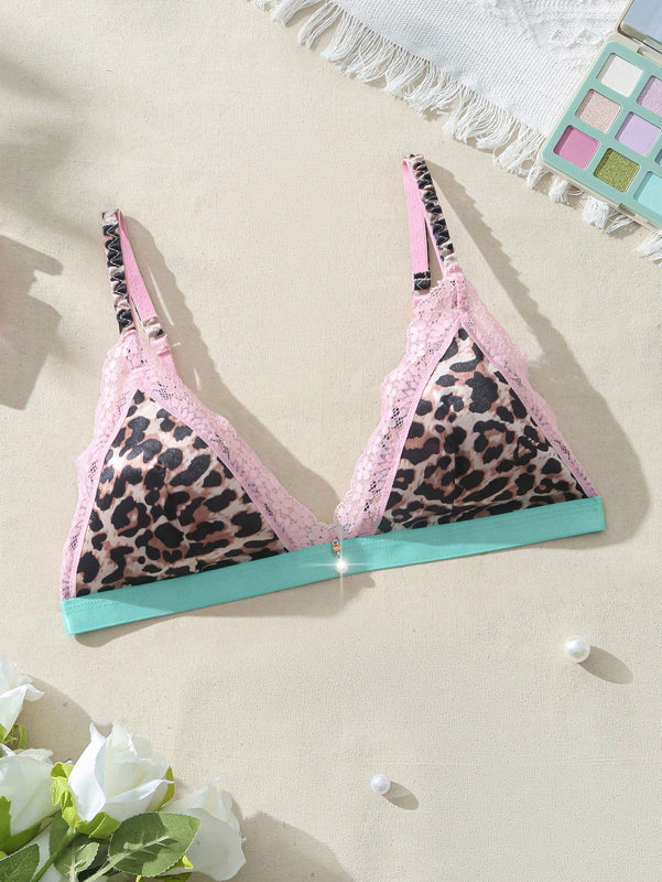Mujeres sujetador sexy con estampado de leopardo y encaje de contraste