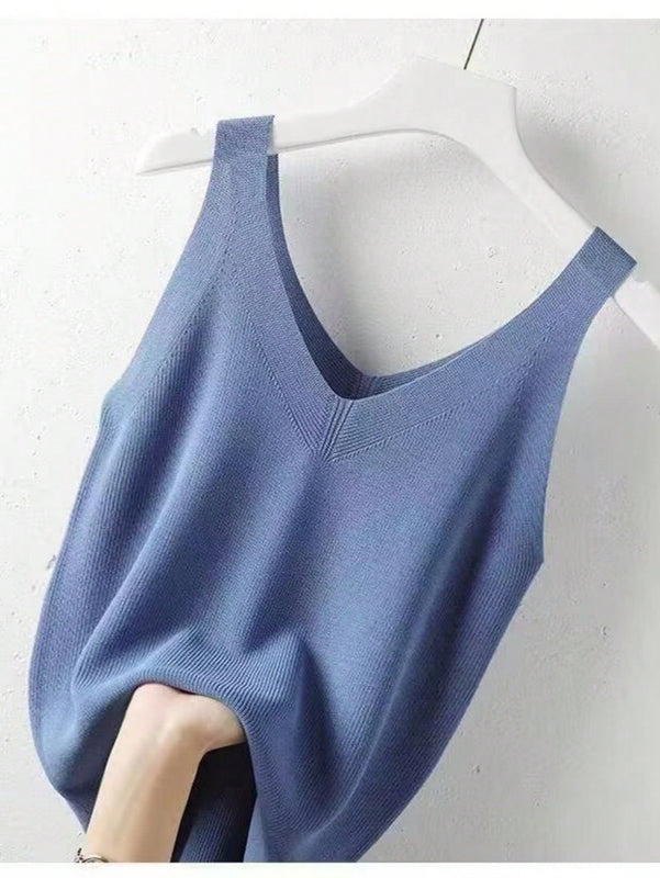 NEW Camiseta de verano de punto para mujeres de estilo sencillo y unicolor para uso diario