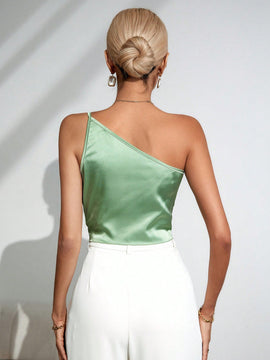 NEW  Prive Camiseta elegante y con estilo para mujer, de saten verde con un solo hombro, dobladillo irregular y atado al frente. Adecuada para reuniones de negocios, viajes de moda y estilo de dinero antiguo. Atuendo para conciertos country y oficina.
