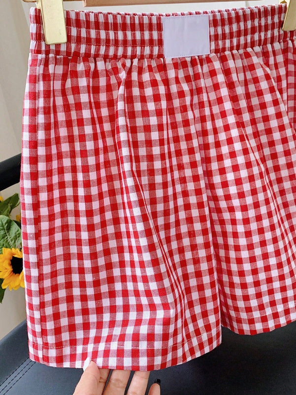 EZwear Shorts de moda rojos a cuadros tejidos para mujer