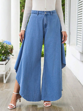 Essnce Pantalones amplios de mezclilla holgados de pierna ancha y asimetricos para mujer