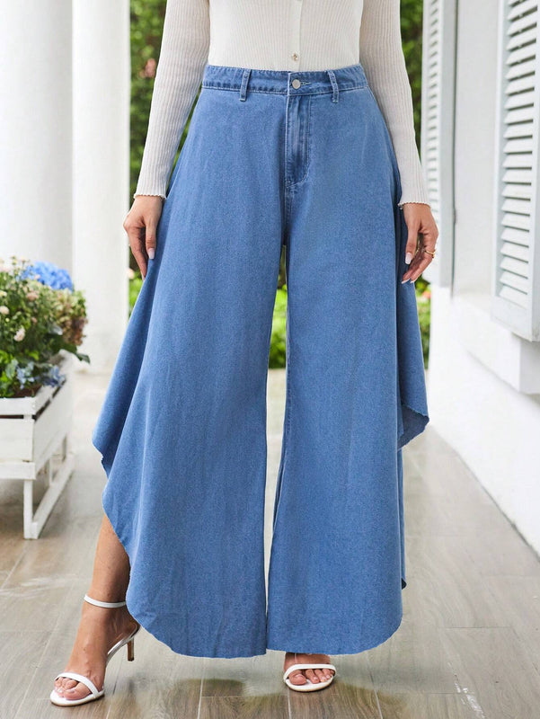 Essnce Pantalones amplios de mezclilla holgados de pierna ancha y asimetricos para mujer