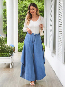 Essnce Pantalones amplios de mezclilla holgados de pierna ancha y asimetricos para mujer