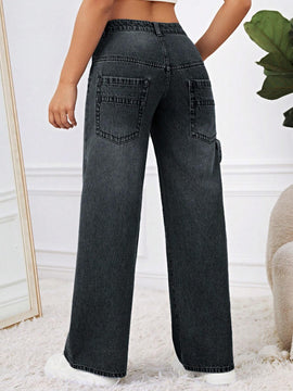 EZwear Pantalones Jeans de pierna ancha, holgados y casuales, con bolsillos para mujeres, para uso diario