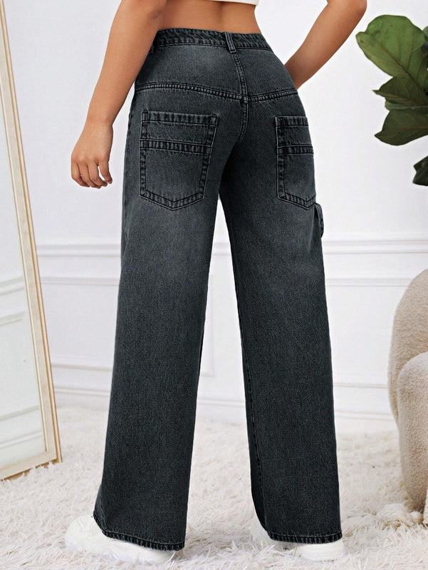 EZwear Pantalones Jeans de pierna ancha, holgados y casuales, con bolsillos para mujeres, para uso diario