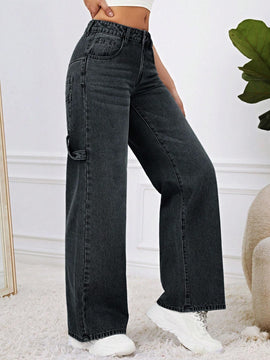 EZwear Pantalones Jeans de pierna ancha, holgados y casuales, con bolsillos para mujeres, para uso diario