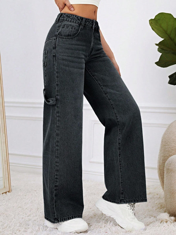 EZwear Pantalones Jeans de pierna ancha, holgados y casuales, con bolsillos para mujeres, para uso diario