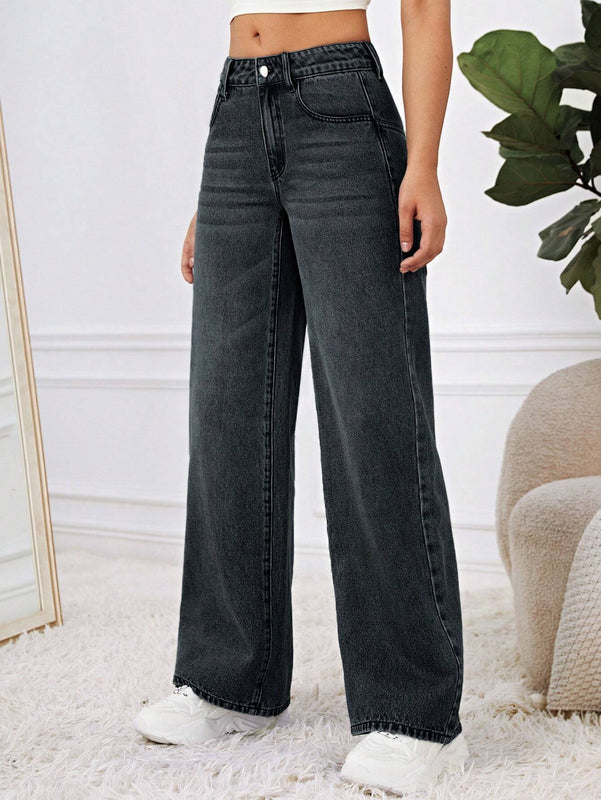 EZwear Pantalones Jeans de pierna ancha, holgados y casuales, con bolsillos para mujeres, para uso diario