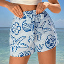 Essnce Shorts de flores azules y blancas para mujeres con estilo de vacaciones en la playa de primavera/verano 2024