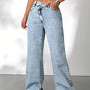 PETITE Jeans casuales de pierna ancha para mujer con dobladillo con abertura y cremallera diagonal, azul