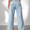 PETITE Jeans casuales de pierna ancha para mujer con dobladillo con abertura y cremallera diagonal, azul
