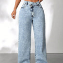 PETITE Jeans casuales de pierna ancha para mujer con dobladillo con abertura y cremallera diagonal, azul
