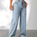 PETITE Jeans casuales de pierna ancha para mujer con dobladillo con abertura y cremallera diagonal, azul