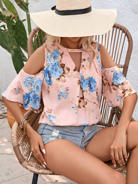 Blusa de ocio de vacaciones con hombros descubiertos y estampado floral para mujer