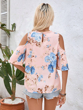 Blusa de ocio de vacaciones con hombros descubiertos y estampado floral para mujer