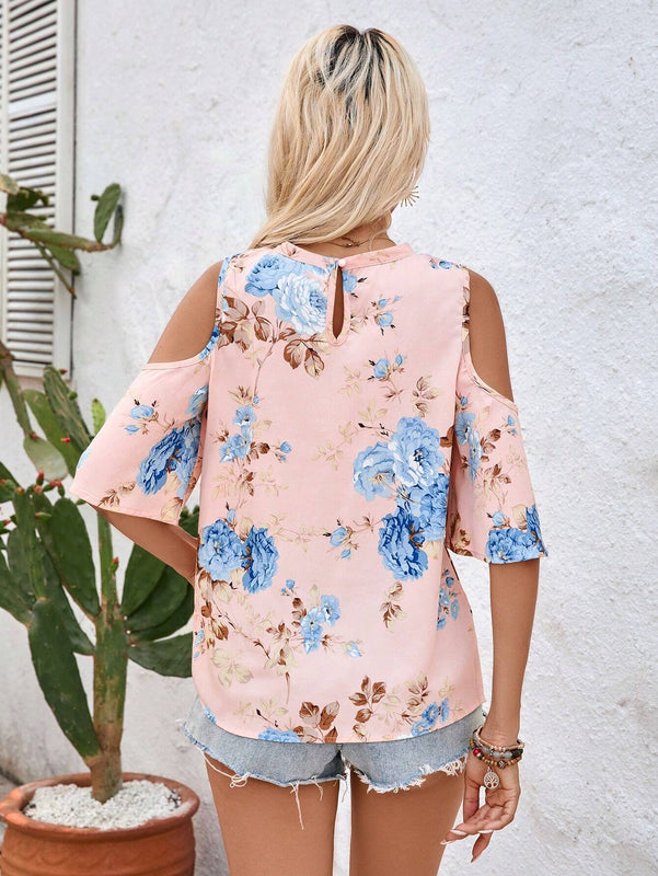 Blusa de ocio de vacaciones con hombros descubiertos y estampado floral para mujer