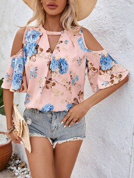 Blusa de ocio de vacaciones con hombros descubiertos y estampado floral para mujer