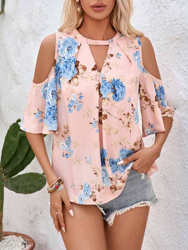 Blusa de ocio de vacaciones con hombros descubiertos y estampado floral para mujer