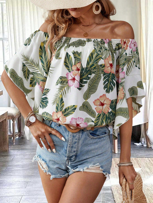 VCAY Camisa floja elegante con estampado floral y hombros descubiertos