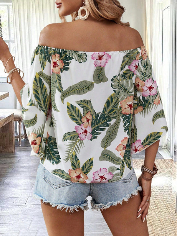 VCAY Camisa floja elegante con estampado floral y hombros descubiertos
