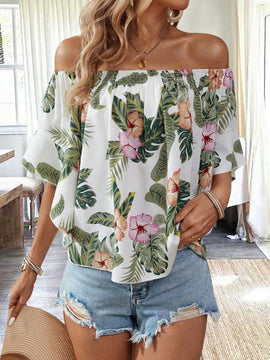 VCAY Camisa floja elegante con estampado floral y hombros descubiertos