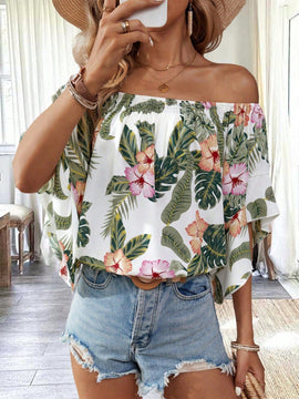 VCAY Camisa floja elegante con estampado floral y hombros descubiertos