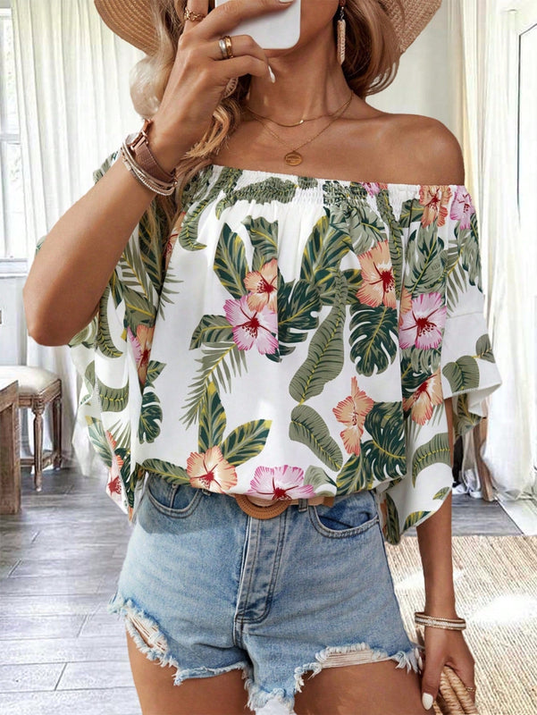 VCAY Camisa floja elegante con estampado floral y hombros descubiertos
