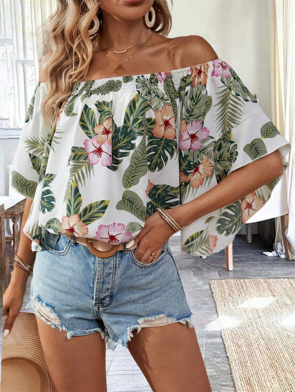 VCAY Camisa floja elegante con estampado floral y hombros descubiertos
