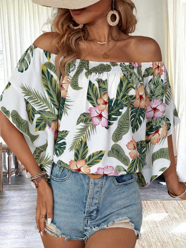 VCAY Camisa floja elegante con estampado floral y hombros descubiertos