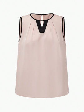 MOTF Classy Blusa sin mangas con detalle de orificio en el cuello, ribete de contraste y pliegues plegados