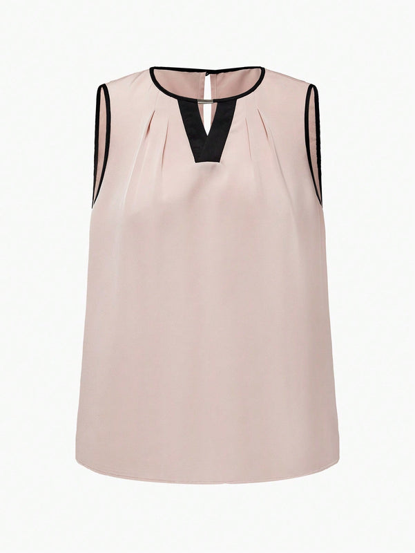 MOTF Classy Blusa sin mangas con detalle de orificio en el cuello, ribete de contraste y pliegues plegados