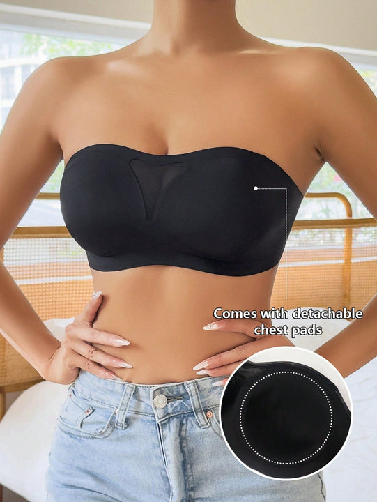 NEW Sujetador sin costuras y sin tirantes para mujer, sexy sujetador bandeau de malla calado con correas de hombro transparentes