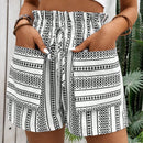 VCAY Shorts holgados de mujer con diseno de estampado geometrico, ribete de volantes, cintura ajustable con lazo