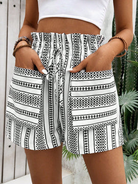 VCAY Shorts holgados de mujer con diseno de estampado geometrico, ribete de volantes, cintura ajustable con lazo